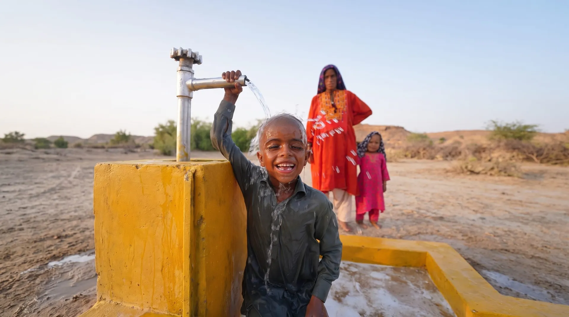 A smiling child splashed by water from a hand pump